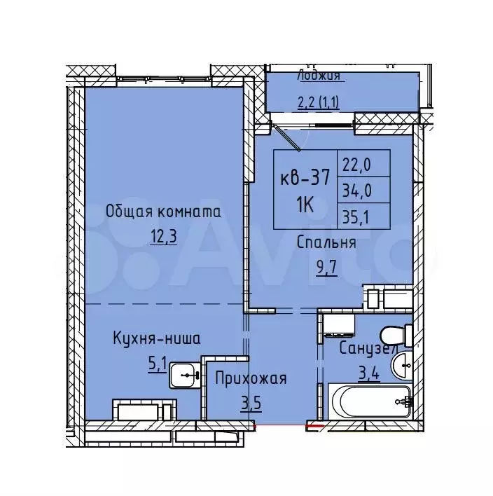 1-к. квартира, 35,1 м, 2/8 эт. - Фото 0