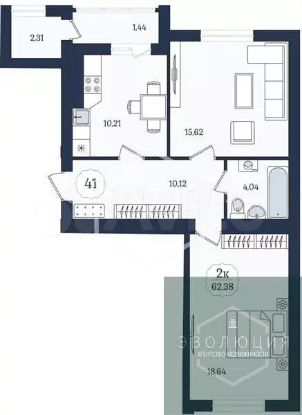 2-к. квартира, 62,4 м, 4/9 эт. - Фото 0