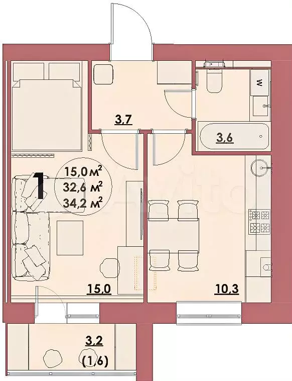 1-к. квартира, 34,2 м, 4/5 эт. - Фото 0