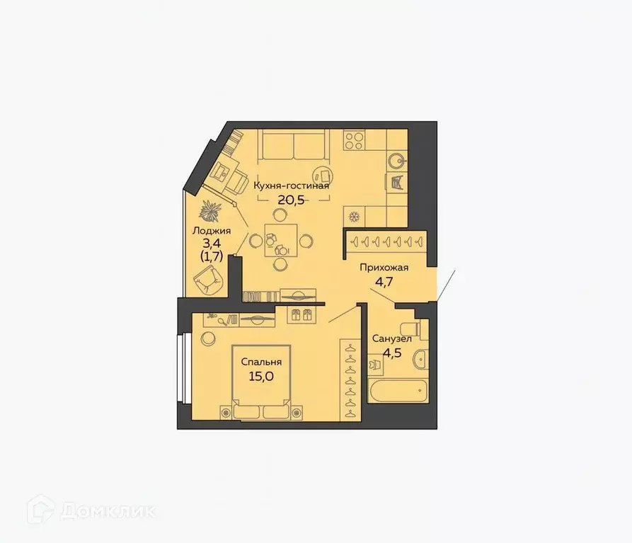 Продаётся 1-к квартира, 46.4 м - Фото 1