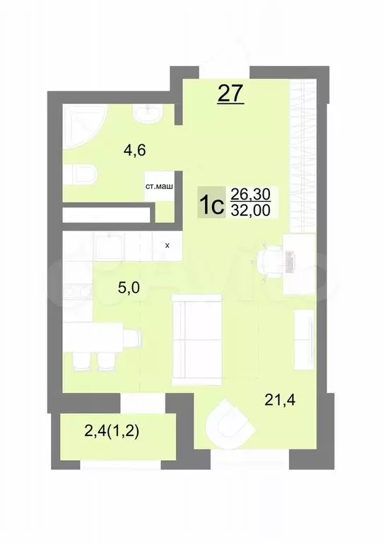 Квартира-студия, 32,2 м, 8/26 эт. - Фото 0