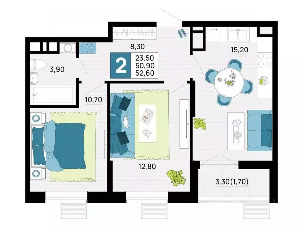 2-к кв. Адыгея, Тахтамукайский район, Яблоновский пгт  (52.6 м) - Фото 1