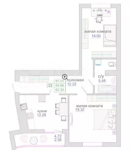 2-к. квартира, 65,3 м, 6/9 эт. - Фото 1