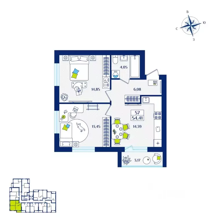 2-к кв. Калининградская область, Зеленоградск  (54.41 м) - Фото 1