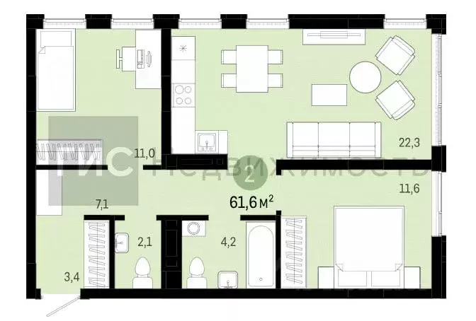 2-к кв. Новосибирская область, Новосибирск ул. Никитина, 10к6 (62.2 м) - Фото 1