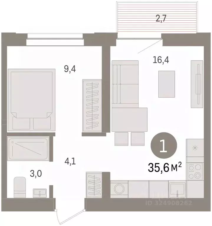 1-к кв. Тюменская область, Тюмень Речной Порт жилой комплекс (35.3 м) - Фото 2