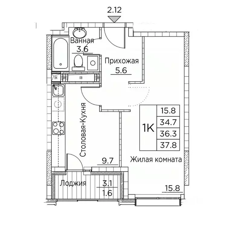 1-к кв. Приморский край, Владивосток ул. Расула Гамзатова, 7к2 (37.8 ... - Фото 1