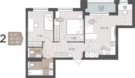 2-к. квартира, 60 м, 2/9 эт. - Фото 1