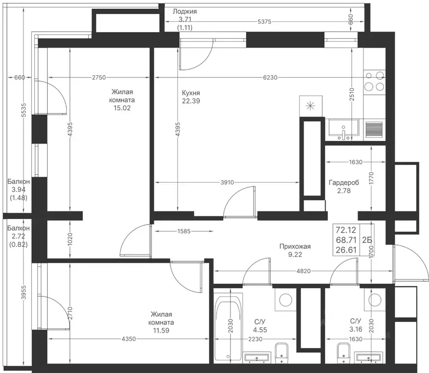 2-к кв. Татарстан, Казань Мой Ритм жилой комплекс, ПК14 (72.12 м) - Фото 2