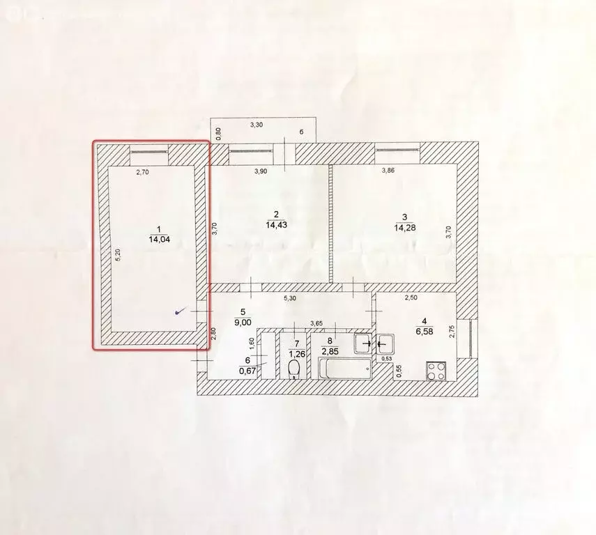 1к в 3-комнатной квартире (14.04 м) - Фото 0