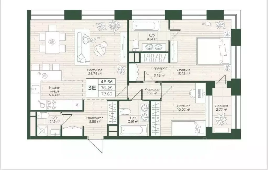 3-к кв. Татарстан, Казань ул. Алексея Козина, 8 (77.0 м) - Фото 2