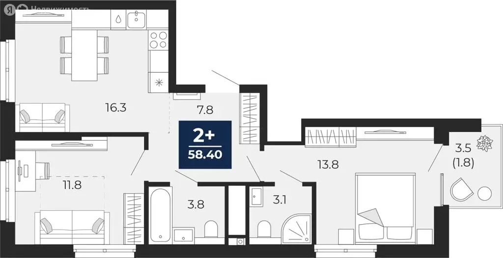 2-комнатная квартира: Тюмень, улица Тимофея Чаркова, 77 (60.1 м) - Фото 1