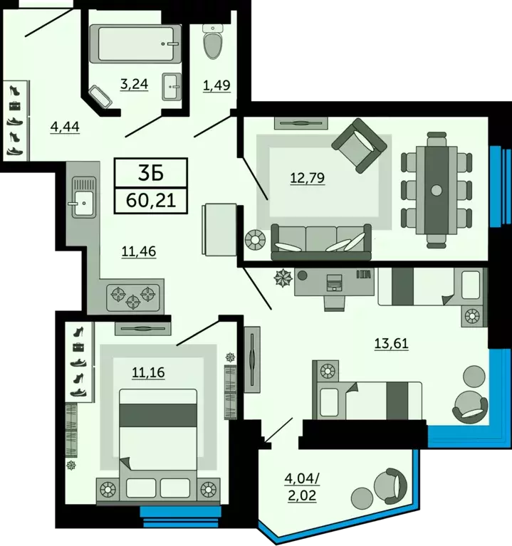 3-к квартира, 60.38 м - Фото 0