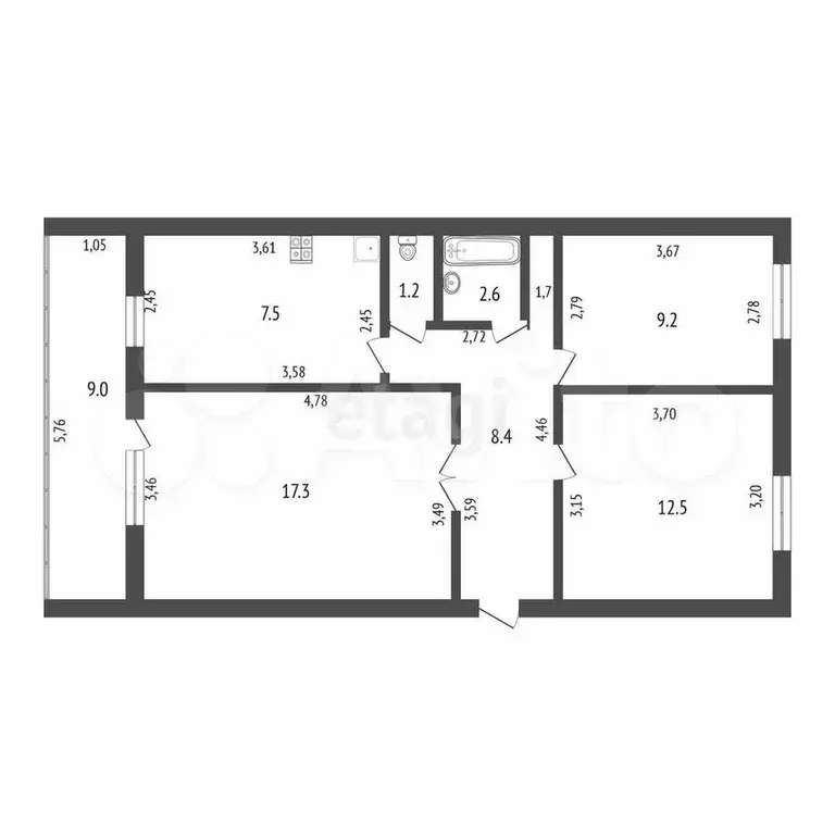3-к. квартира, 60,4 м, 3/5 эт. - Фото 0
