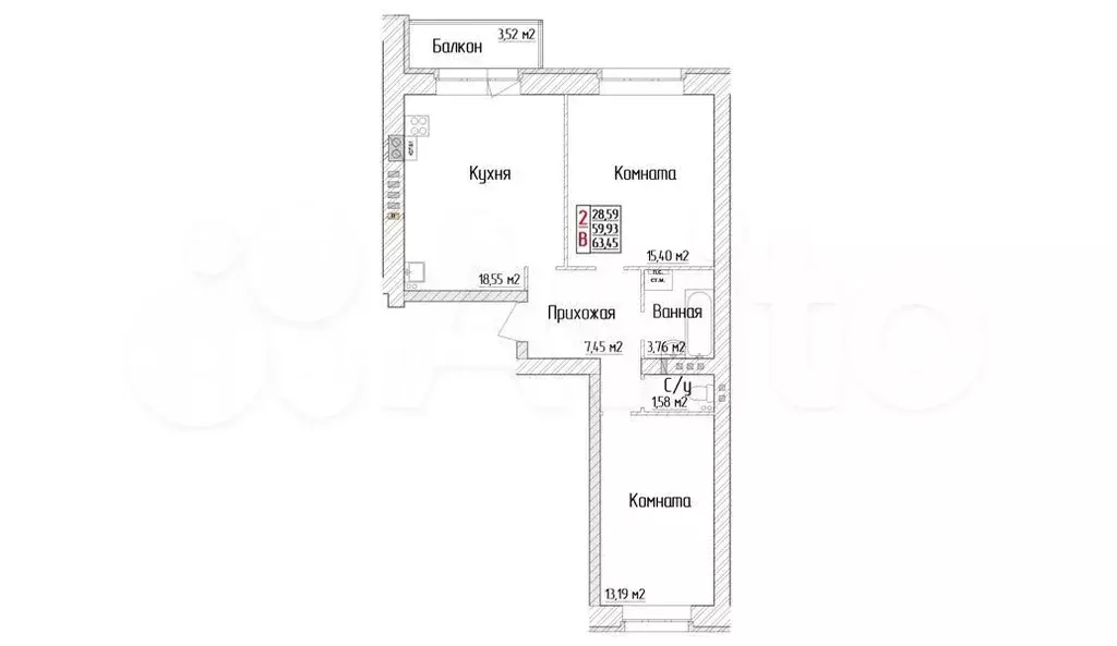 2-к. квартира, 63,5 м, 3/4 эт. - Фото 1