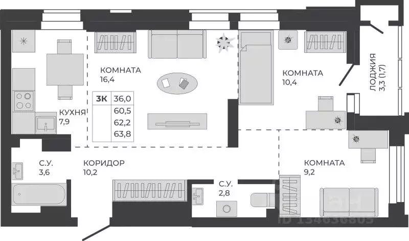 3-к кв. Алтайский край, Барнаул тракт Павловский, 251Б (62.2 м) - Фото 1