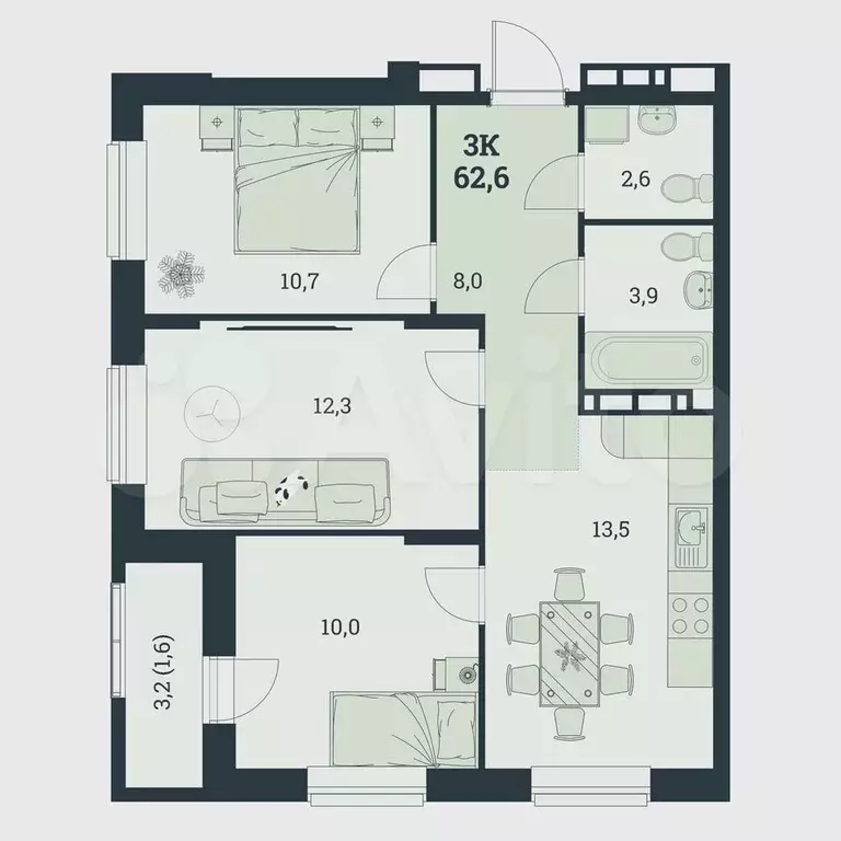 3-к. квартира, 62,6 м, 7/8 эт. - Фото 0
