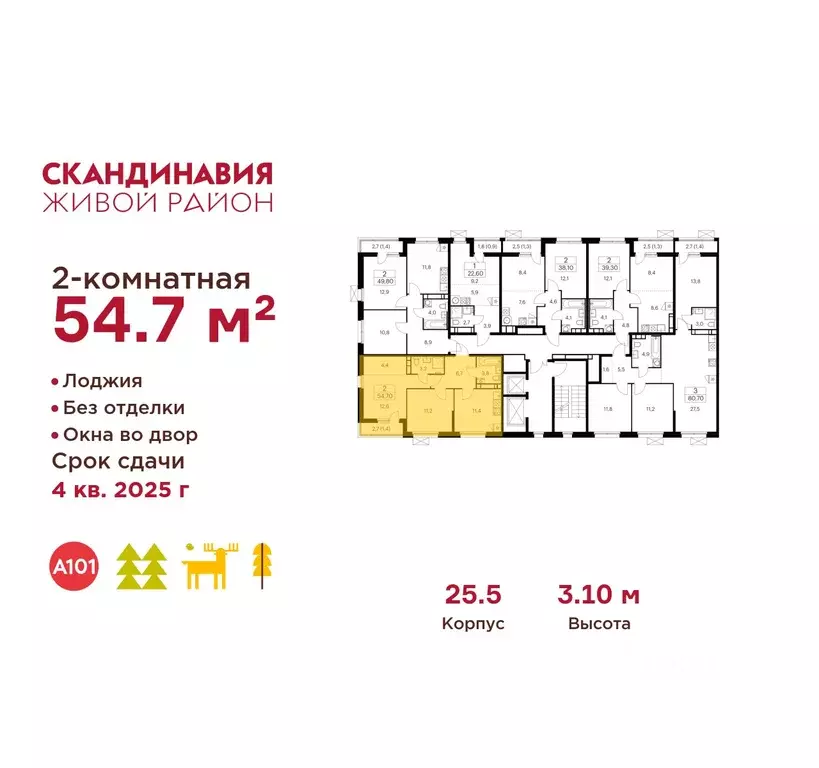 2-к кв. Москва Скандинавия жилой комплекс, 25.5 (54.7 м) - Фото 2