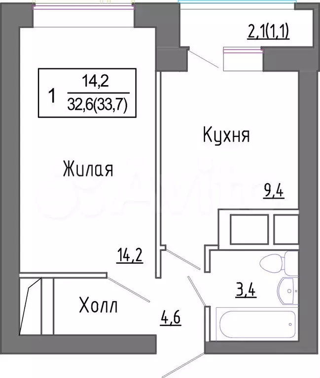 1-к. квартира, 33,5 м, 4/5 эт. - Фото 0