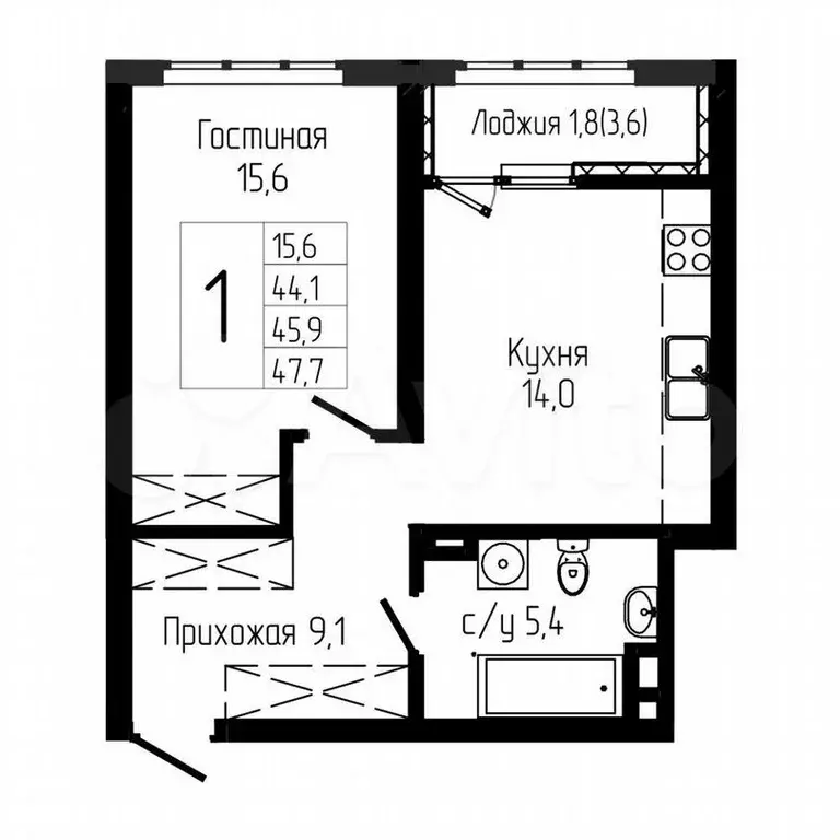 1-к. квартира, 45,9 м, 5/24 эт. - Фото 0