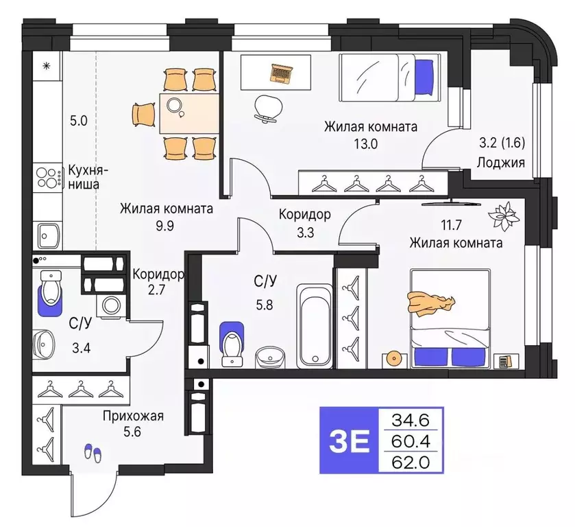 3-к кв. Пермский край, Пермь ул. Карла Модераха, 7 (62.0 м) - Фото 1