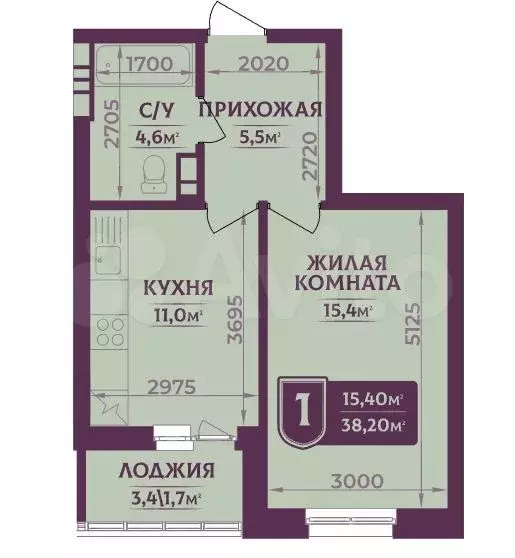 1-к. квартира, 38,2 м, 7/16 эт. - Фото 0