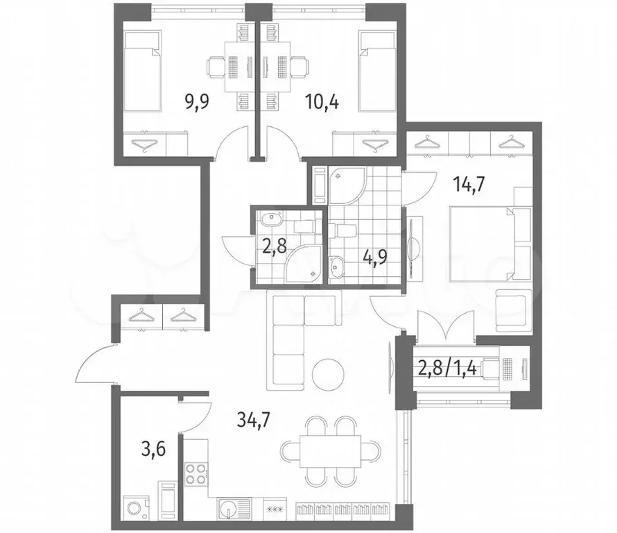 3-к. квартира, 82,4м, 2/9эт. - Фото 1