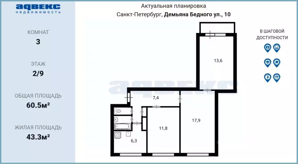 3-к кв. Санкт-Петербург ул. Демьяна Бедного, 10к1 (60.5 м) - Фото 2