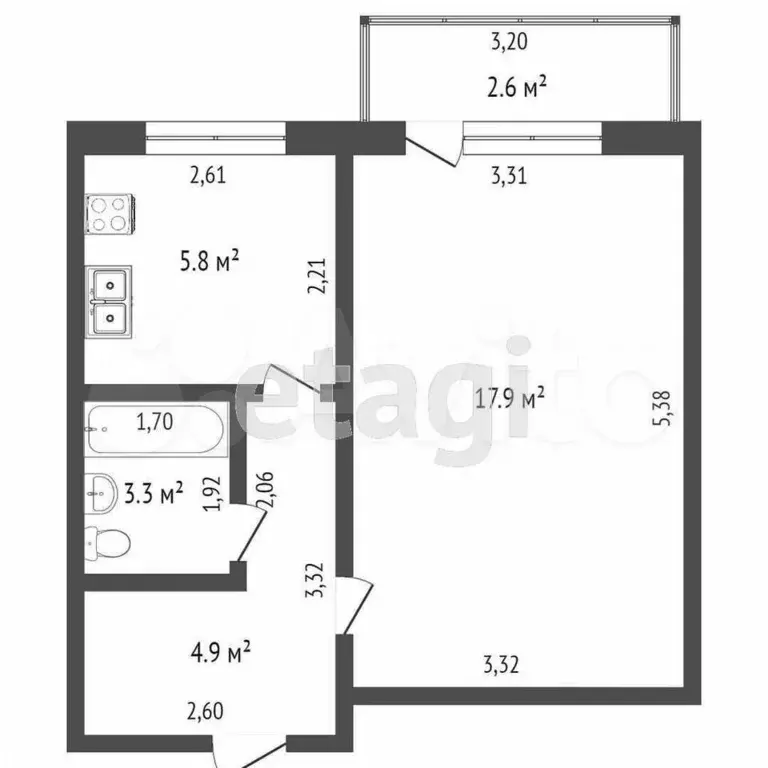 1-к. квартира, 31,9 м, 1/5 эт. - Фото 0