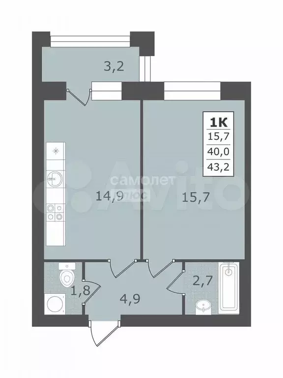 1-к. квартира, 43,2 м, 4/4 эт. - Фото 0