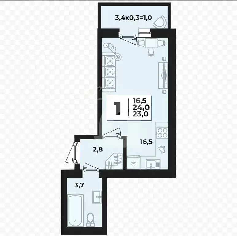 Квартира-студия: аул Новая Адыгея, улица Тургеневское шоссе, 33/3к14 ... - Фото 2