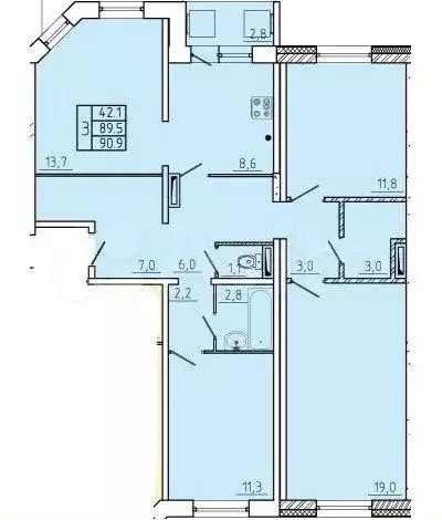 3-к. квартира, 89,5 м, 5/9 эт. - Фото 0