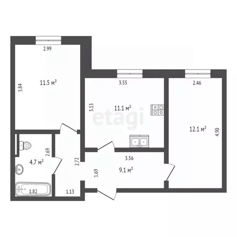 2-к кв. Ханты-Мансийский АО, Нягань 1-й мкр, 47 (48.5 м) - Фото 1