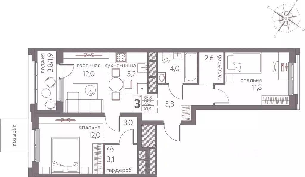 Студия Пермский край, Пермь ул. Серебристая, 3 (61.4 м) - Фото 1