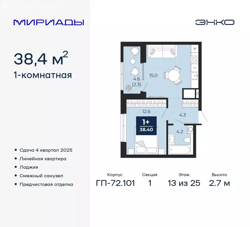 1-комнатная квартира: Тюмень, Ленинский округ (38.4 м) - Фото 0