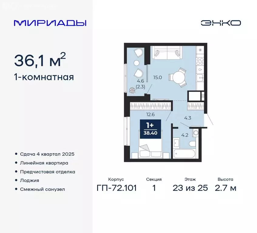 1-комнатная квартира: Тюмень, Ленинский округ (36.1 м) - Фото 0