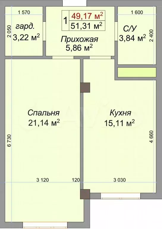 1-к. квартира, 51,3 м, 6/10 эт. - Фото 1