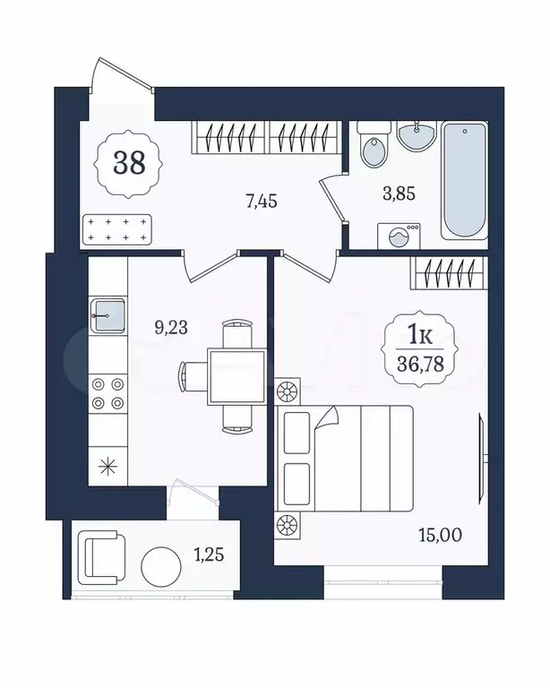 1-к. квартира, 36,8 м, 1/9 эт. - Фото 1