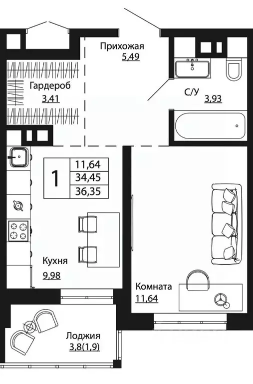 1-к кв. Ростовская область, Ростов-на-Дону ул. Текучева, 370/2 (36.35 ... - Фото 0