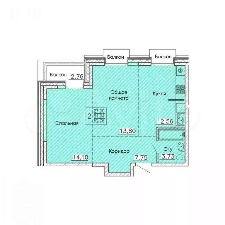 2-к. квартира, 52,8 м, 7/9 эт. - Фото 0