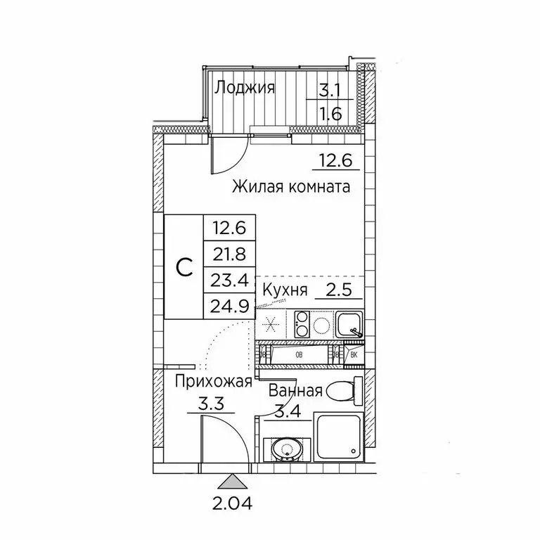 1-комнатная квартира: Владивосток, улица Расула Гамзатова, 7к2 (25 м) - Фото 0
