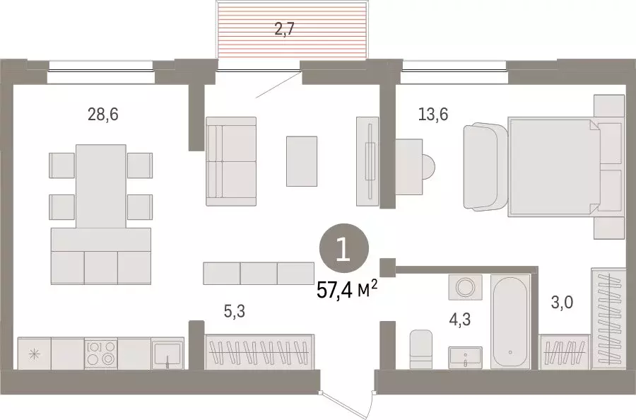 1-комнатная квартира: Тюмень, жилой комплекс Речной Порт (56.9 м) - Фото 2