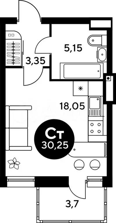 Квартира-студия, 30,4 м, 8/9 эт. - Фото 0