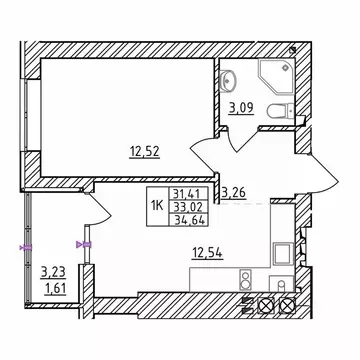 1-к кв. Калининградская область, Зеленоградск  (34.64 м)