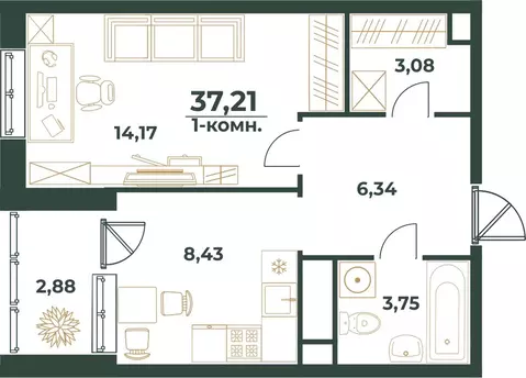 1-к кв. Башкортостан, Уфа ул. Ивана Спатара, 14 (37.21 м)