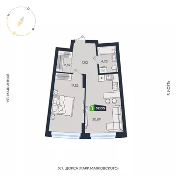 1-к кв. Свердловская область, Екатеринбург ул. Машинная, 1В/4 (52.05 ...