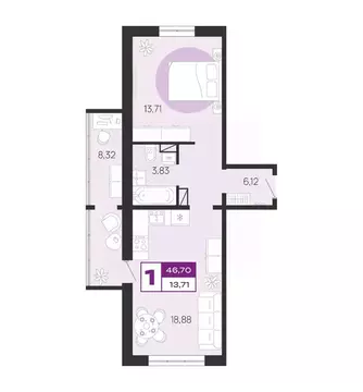 1-к кв. Брянская область, Брянск Медовый кв-л, поз7 (46.7 м)