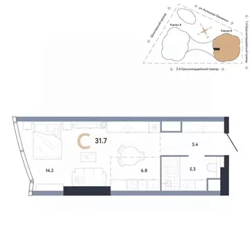 Студия Москва Камушки мкр,  (31.7 м)