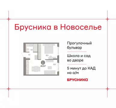 1-комнатная квартира: Новоселье, ЖК Брусника (43.16 м)