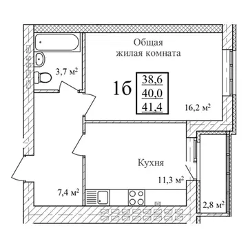 1-к кв. Тамбовская область, Тамбов ул. Научная, 14Б (41.4 м)
